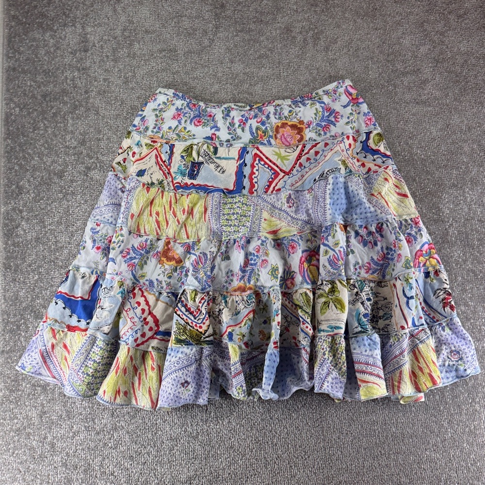 Bila Pull On Mini Skirt Floral White Blue Womens S Ruffles Boho Hippie - Picture 6 of 8